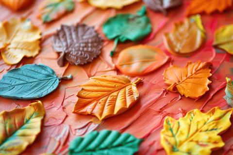 Clay painted leaves on table.